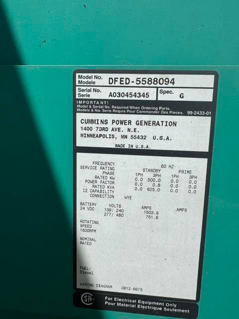 500 KW Cummins #500DFED, Diesel Generator, 755 HP, KTA19-G4 Engine, 277/480 Volts, weatherproof enclosure - Image 10