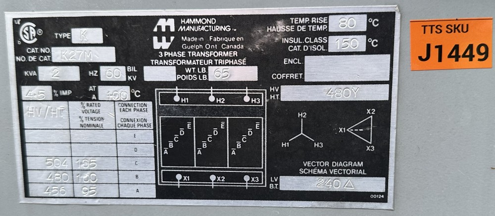 2 KVA 480Y Primary, 240 Delta Secondary, Hammond Manufacturing Mfg