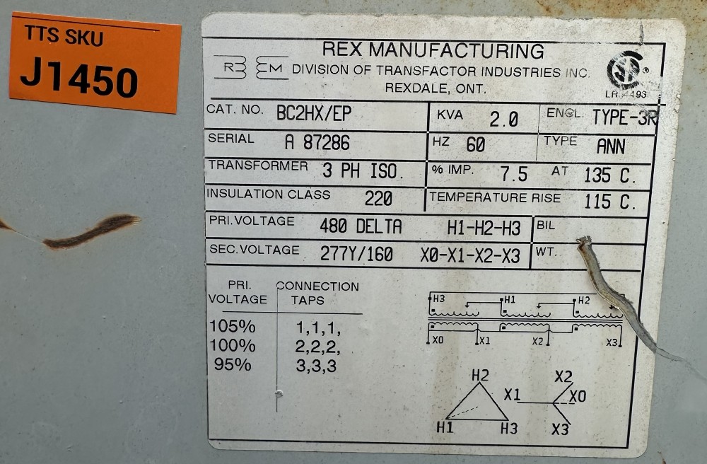2 KVA 480 Delta Primary, 277Y/160 Secondary, Rex Manufacturing Mfg. (Transfactor Industries Inc.) 3-Phase - Image 1