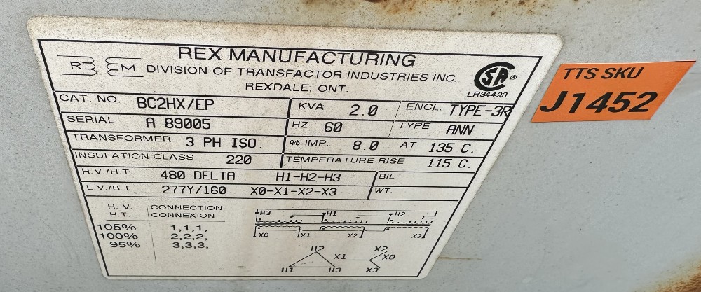 2 KVA 480 Delta Primary, 277Y/160 Secondary, Rex Manufacturing Mfg. (Transfactor Industries Inc.) 3 - Phase - Image 1