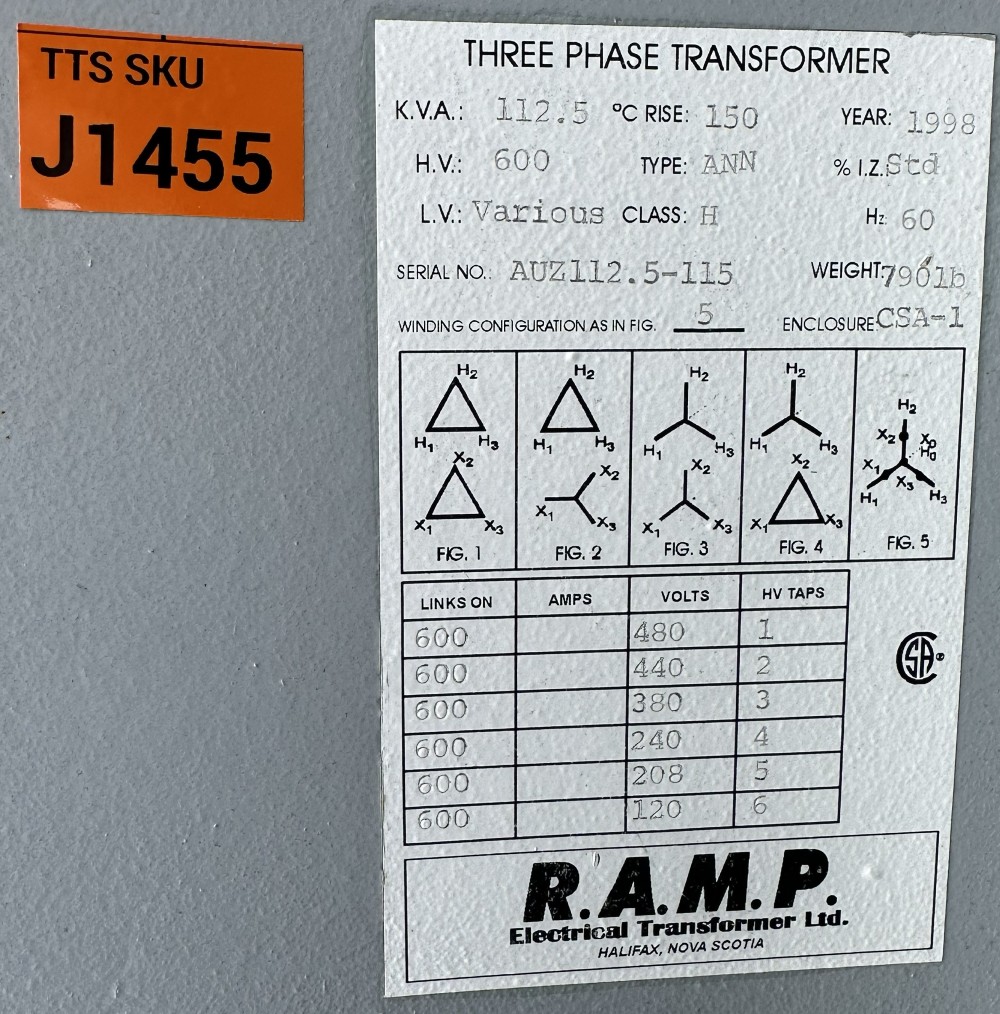112.5 KVA 600 Primary, 480/120 Secondary, RAMP Electrical Transformer Ltd., 3-Phase Autotransformer - Image 1