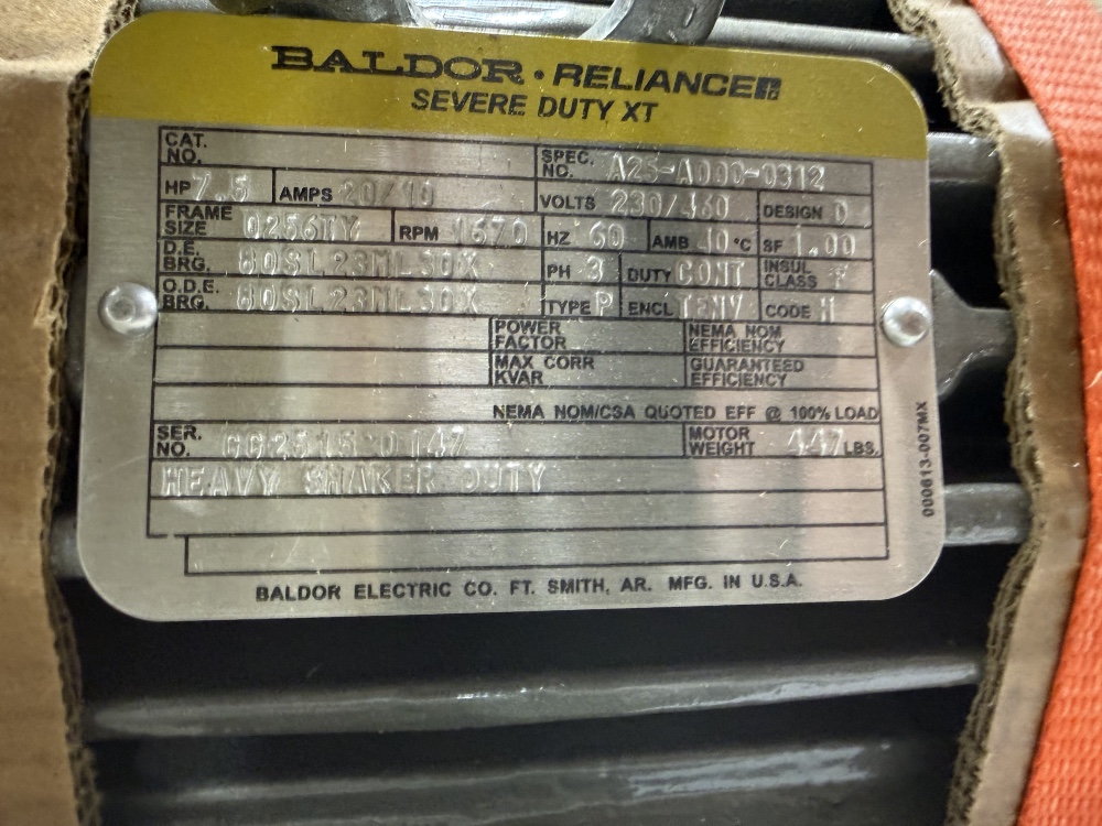 7.5 HP 1670 RPM Baldor, Frame 0256TY, TENV, 230/460 Volts, Heavy Shaker Duty, Baldor, New Surplus - Image 1