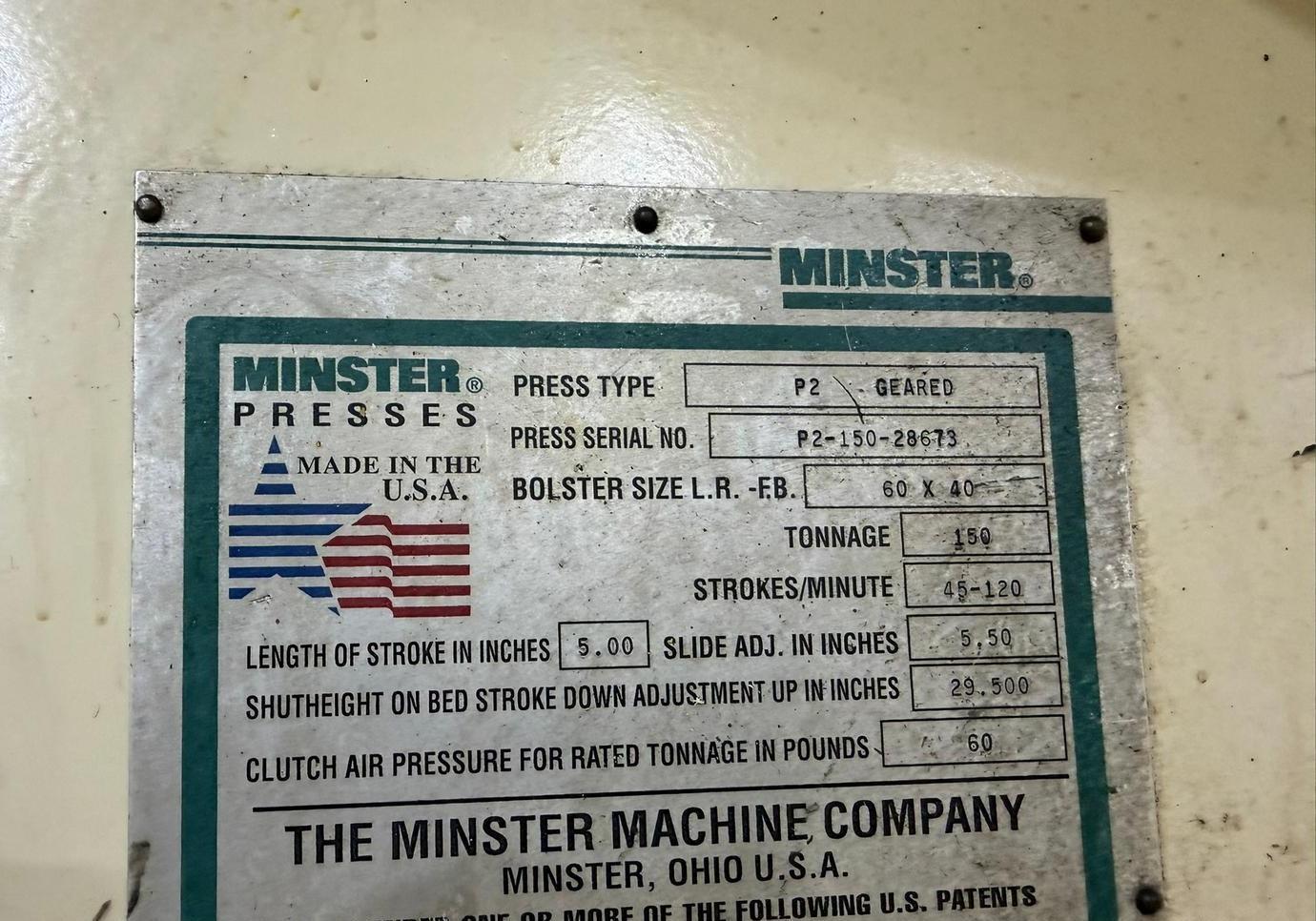150 Ton, Minster #P2-150-60-Piece-Maker, Straight Side Double Crank Press, 5" stroke, 29.5" shut height, 5.5 - Image 5