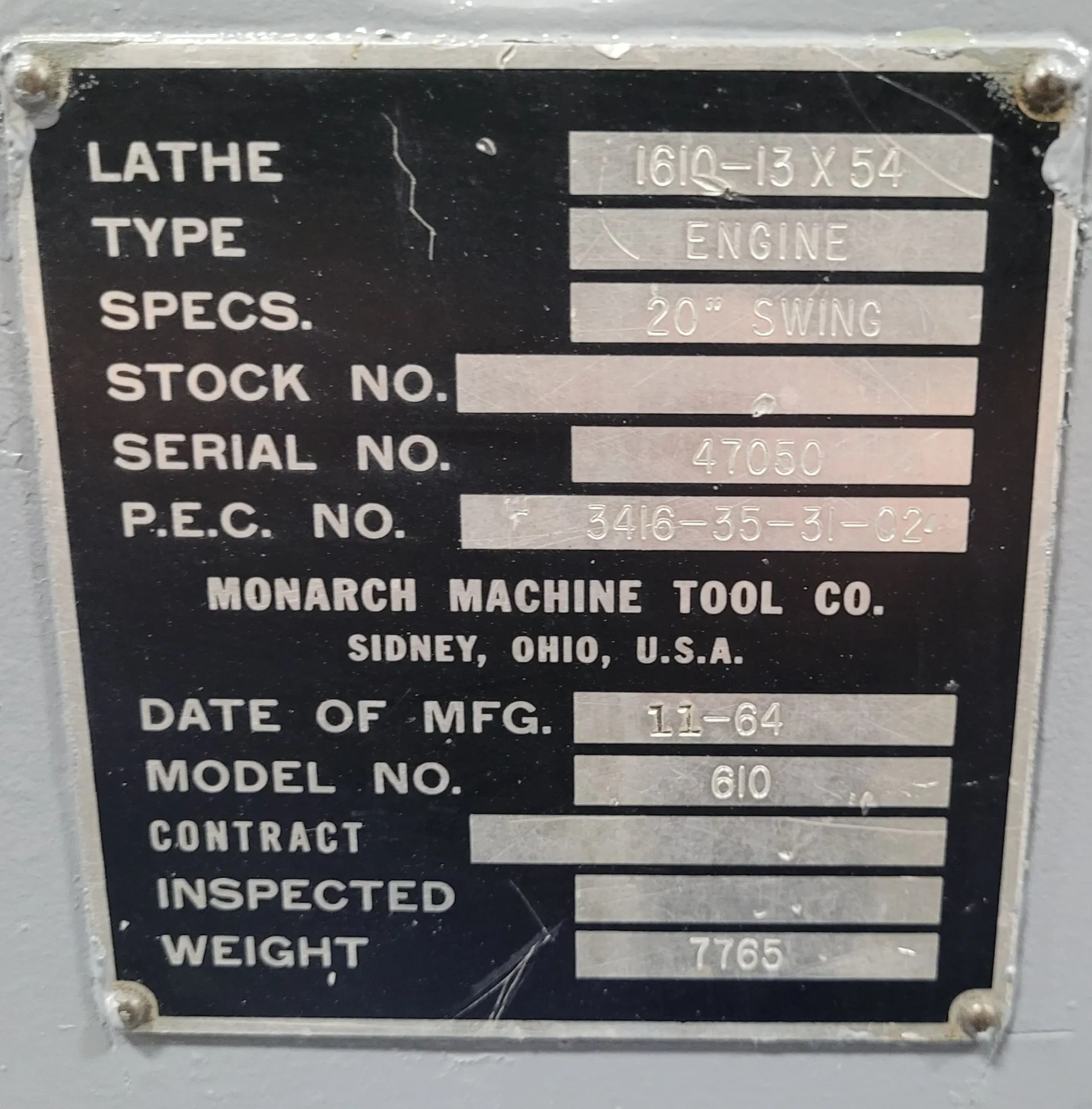 20" x 54" Monarch #610, Engine Lathe, 10 HP, 1500 RPM, 2.25" Bore, D1-6, 12" Chuck, 1978 - Image 1