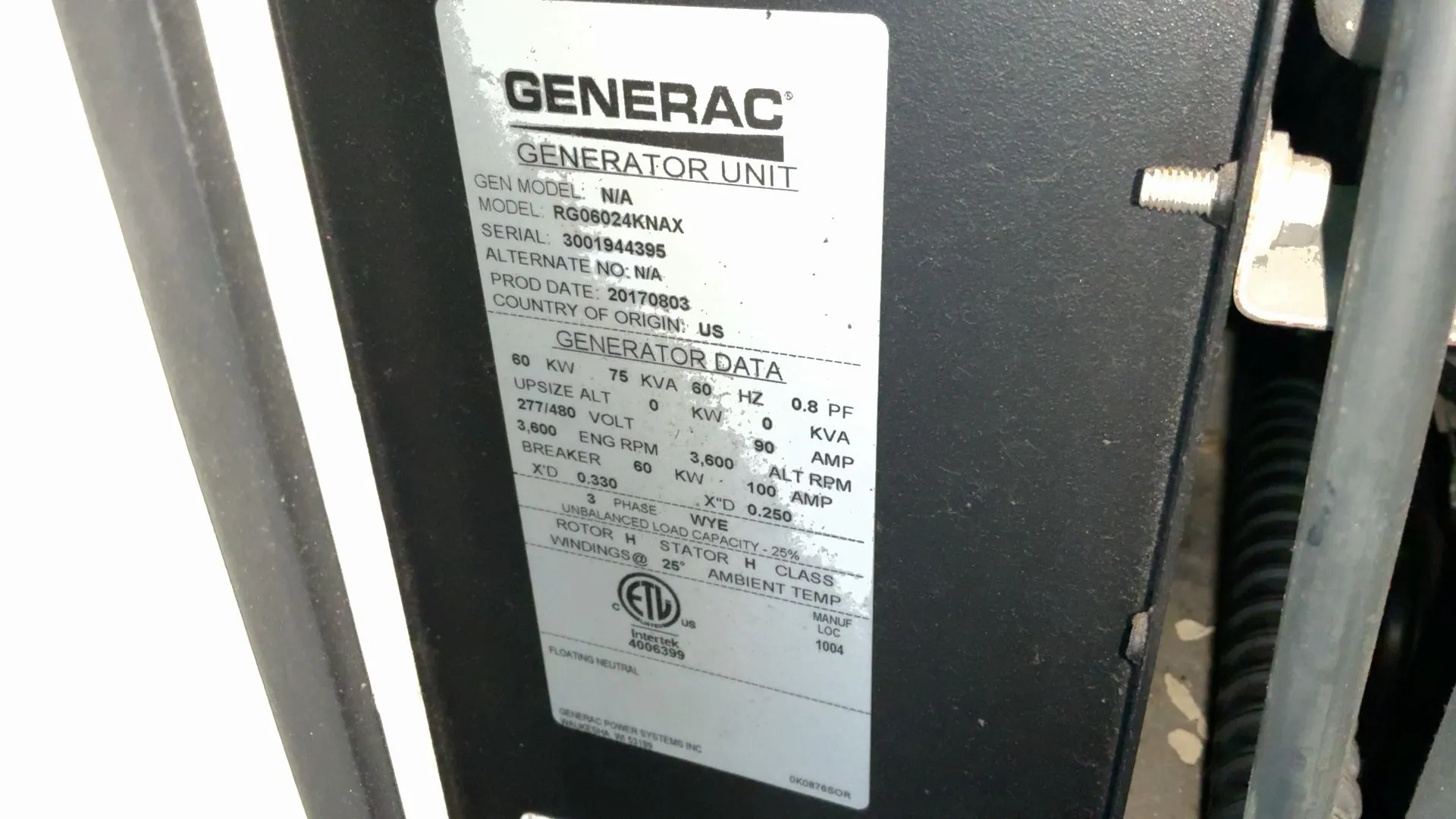 60 KW Generac #RG06024KNAX, Generator Set, 75 KVA, 3600 RPM, 3/60/277/480 Volts, 2017 - Image 2