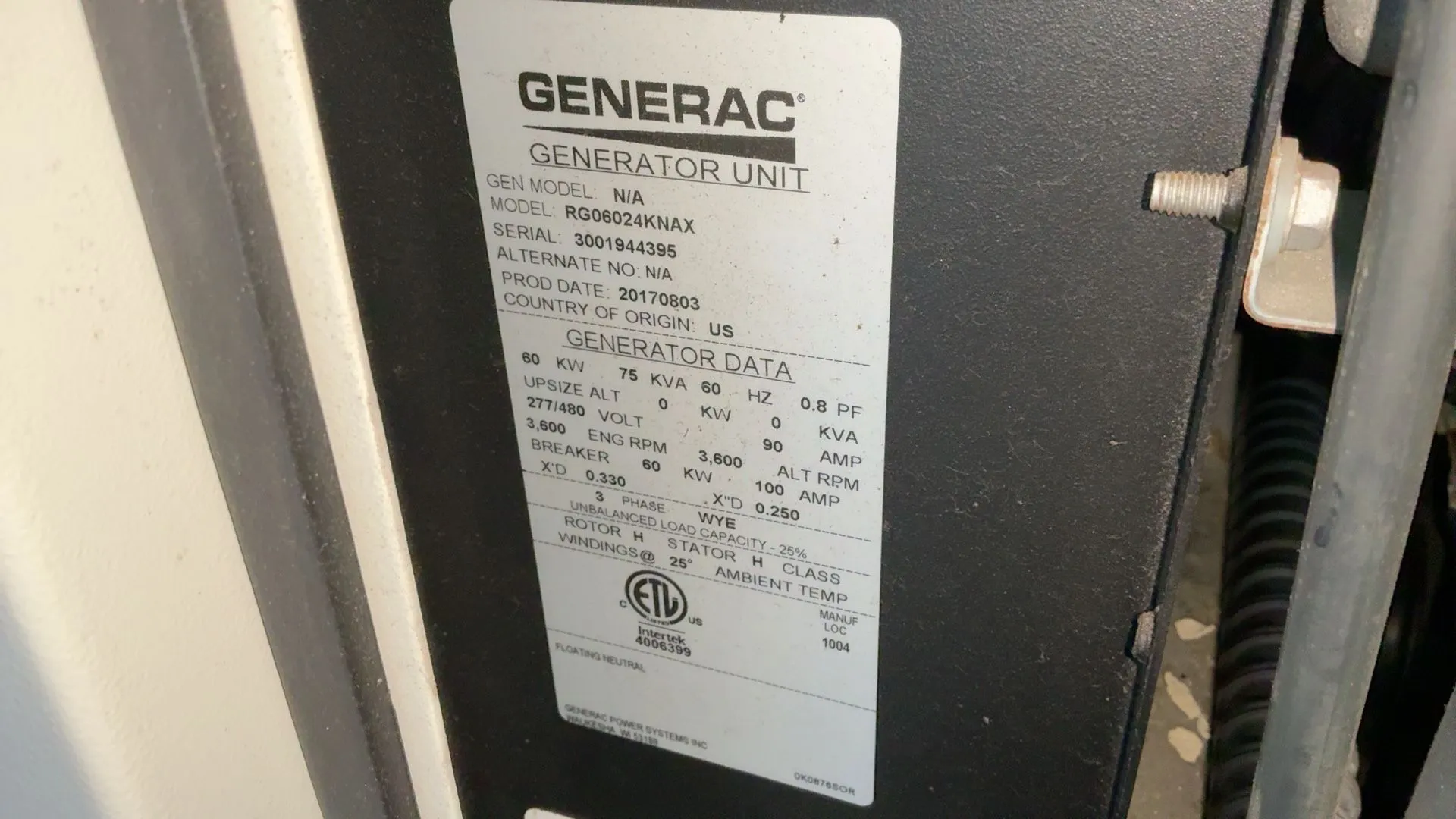 60 KW Generac #RG06024KNAX, Generator Set, 75 KVA, 3600 RPM, 3/60/277/480 Volts, 2017 - Image 5