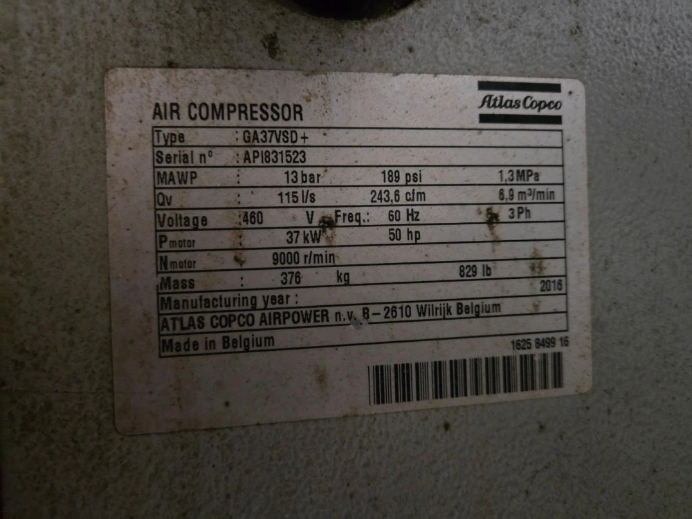 243 cfm, 189 psi, Atlas Copco #GA37VSD, 50 HP, Air compressor, 2016 - Image 5