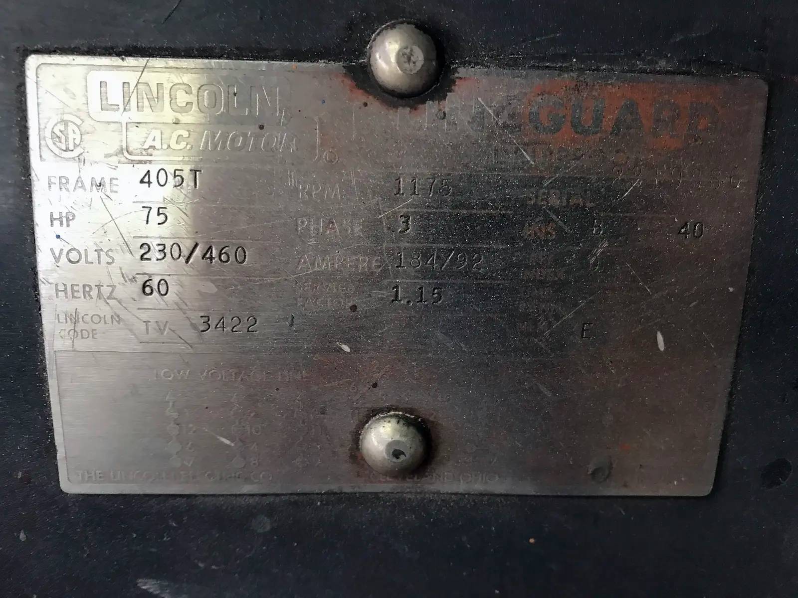 75 HP 1175 RPM Lincoln, A/C electric motor, Frame 405T, 230/460 Volts, 184/92 amps, 60 Hz., 3 phase - Image 7