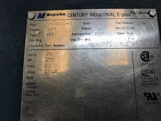 150 HP 1185 RPM Magnetek #D-390832-02, Century Industrial E-Plus electric motor, Frame 445T, 460 Volts, 173.2 - Image 7