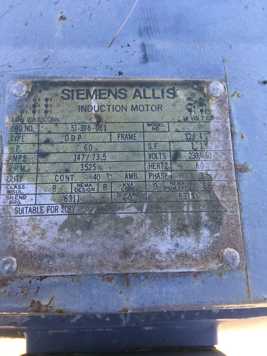 60 HP 3525 RPM Siemens, induction motor, Frame 326TS, 230/460 Volts, 147/73.5 amps, 60 Hz., 3 phase - Image 10