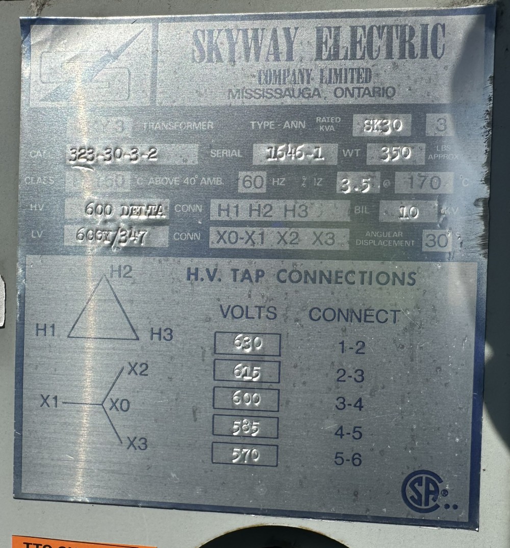 30 KVA 600 Delta Primary, 600Y/347 Secondary, Skyway Electric Co. Ltd., 3-Phase Dry Type Isolation - Image 1