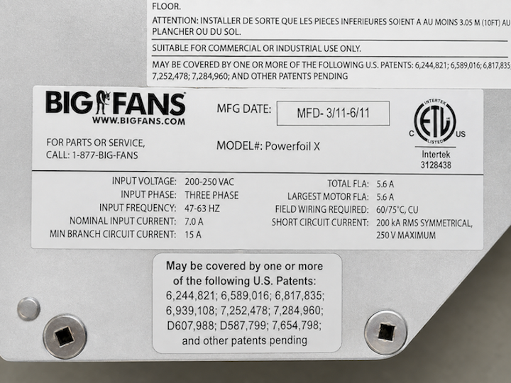 Big Ass #Powerfoil-X, HVLS Ceiling Fan, 20' diameter, 2 HP, 46 RPM, 2011 (2 available) - Image 4