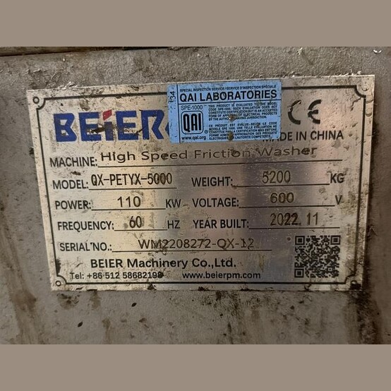Beier #QX-PETYX-5000, Hi-Speed Friction Washer, PET/HDPE/PP flakes, 110 KW, 600 Volt, 3PH, 2022 - Image 2