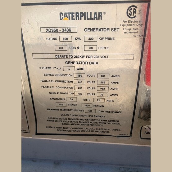 320 KW Caterpillar #XQ350-3406, Diesel Generator, CAT 3406 engine, 1800 RPM, 480 Volts, sound attenuated - Image 3