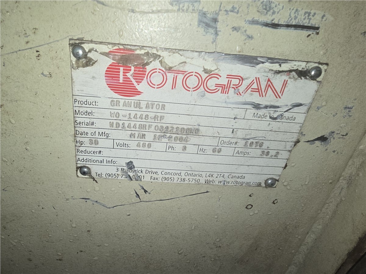 14" x 48" Rotogran #WO-1448-RF, roll feed granulator, 30 HP, 3 knife open rotor, 2 bed knives, 41" infeed - Image 10