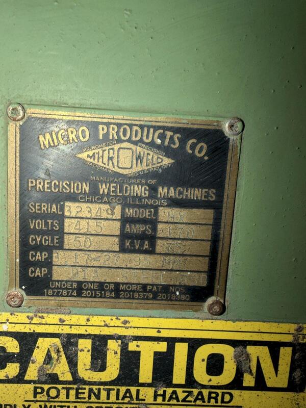 Micro Weld #HX, Butt Welder, 75 KVA, 0.125"-1.10" wire diameter range, 170 amps, 12 heat selections, 415 V. - Image 5