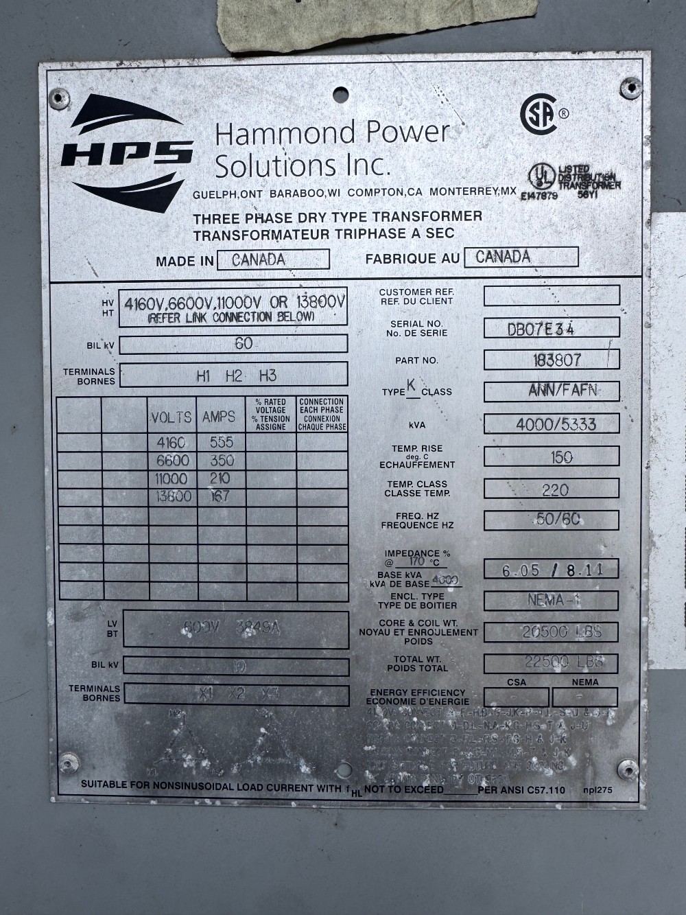 4000/5333 KVA 11000 Primary, 13800 Secondary, Hammond Transformer - Image 1