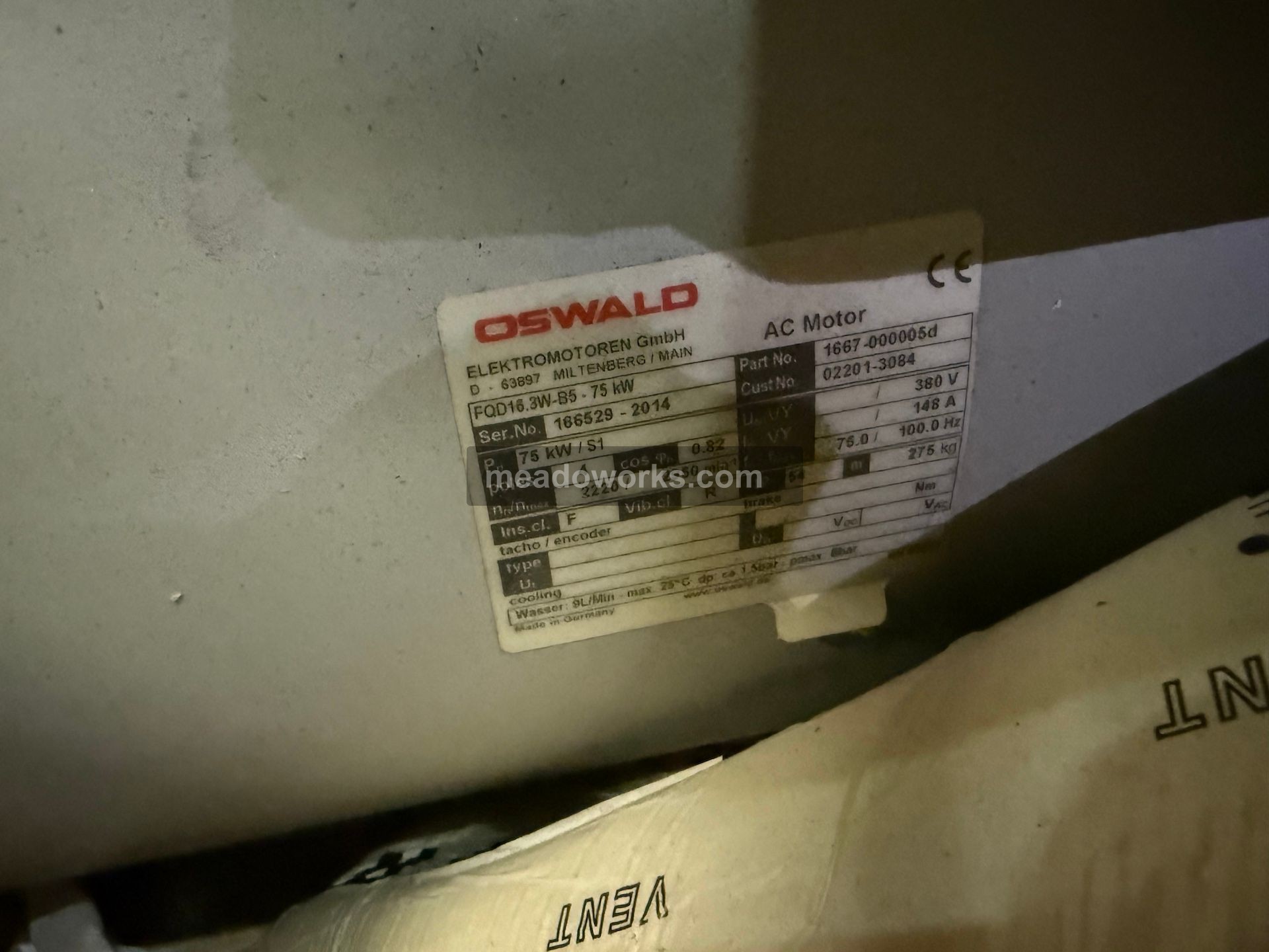 100 HP 2950 RPM Oswald #FQD16.3W-B5, AC Electric Motor, 380 Volts, 148 amps, 4-pole, 3PH - Image 3