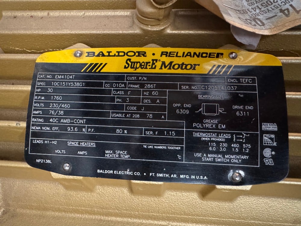 30 HP 1760 RPM Baldor -Reliance #EM4104T, Frame 286T, TEFC, 230/460 Volts, 3 phase, 60 Hz., AC Induction Motor - Image 2