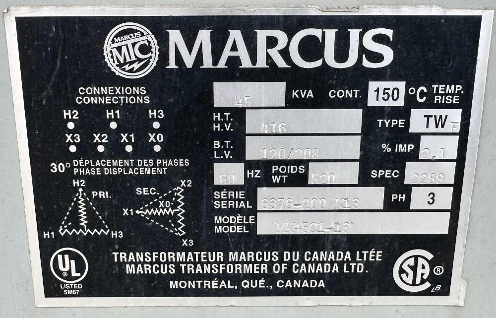 Marcus Transformer of Canada Ltd. 45 kVA, 3-Phase Isolation Transformer, 416 Delta to 120V/208V, CSA, 60Hz - Image 1
