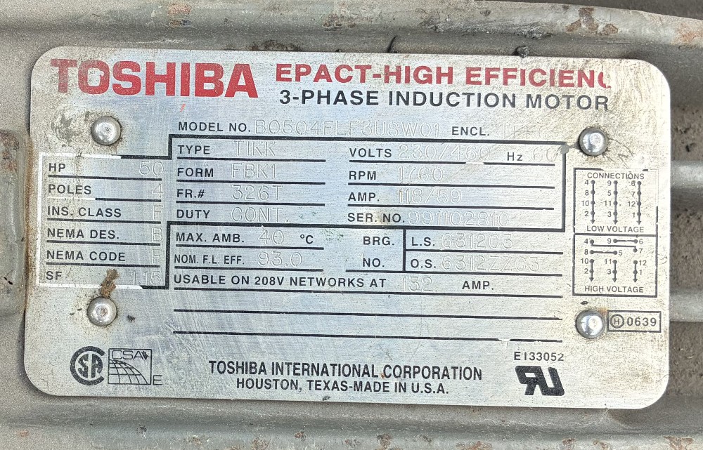 50 HP 1760 RPM Toshiba, Frame 326T, TEFC, 230/460 Volts, 3 phase Induction Motor, 118/59 amp, TIKK, (2 - Image 2
