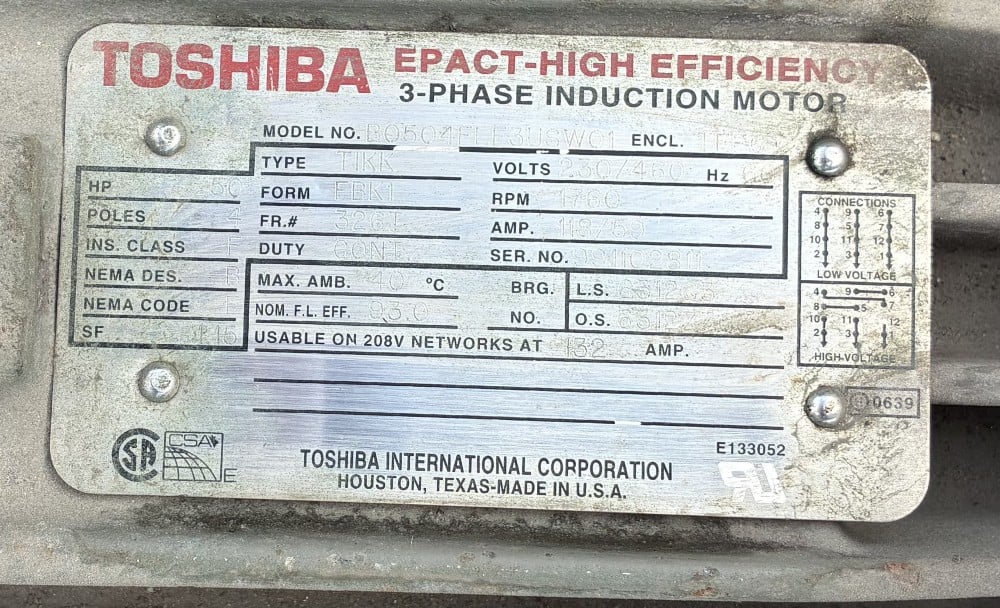50 HP 1760 RPM Toshiba, Frame 326T, TEFC, 230/460 Volts, 3 phase Induction Motor, 118/59 amp, TIKK, (2 - Image 4