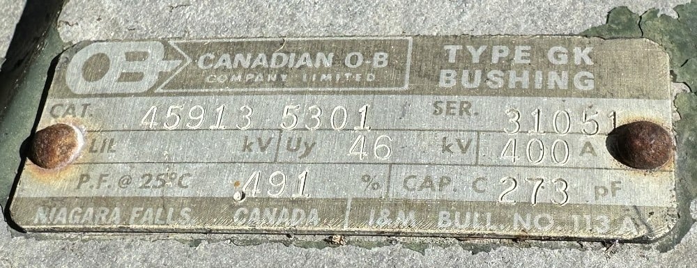 46 KV, Canadian O-B Co. Ltd. O B Co. Ltd., GK type, HV Transformer / Switchgear Condenser Bushing, 400 Amp. - Image 1
