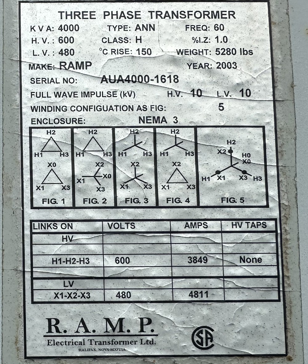 RAMP Electrical X-FMR, Ltd., 3-Phase Autotransformer, 4000 kVA, 600Y to 480Y, Full-Wave Impulse, CSA, 60 Hz - Image 1