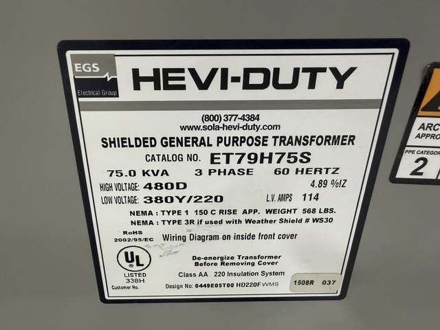 75 KVA, Hevi-Duty #ET79H75S, 3-Phase Transformer - Image 2
