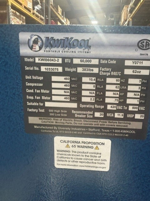 UNUSED 2011 KwiKool Portable Cooling System Model KWIB6043-2 60,000 BTU air cooled Unit - Image 5