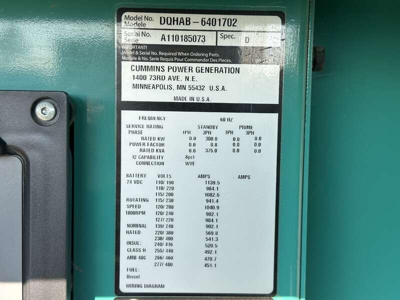300 KW Cummins #DQHAB, diesel generator set, 120/208 Volts, 570 hours, 470 HP @ 1800 RPM, QSM11-G4 engine - Image 9