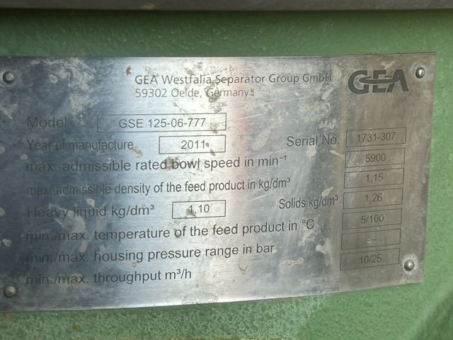 GEA Westfalia #GSE-125-06-777, Self-Cleaning Disc Stack Centrifuge, 5900 RPM bowl, 60 HP, 14.5 psi @ 194°F - Image 2