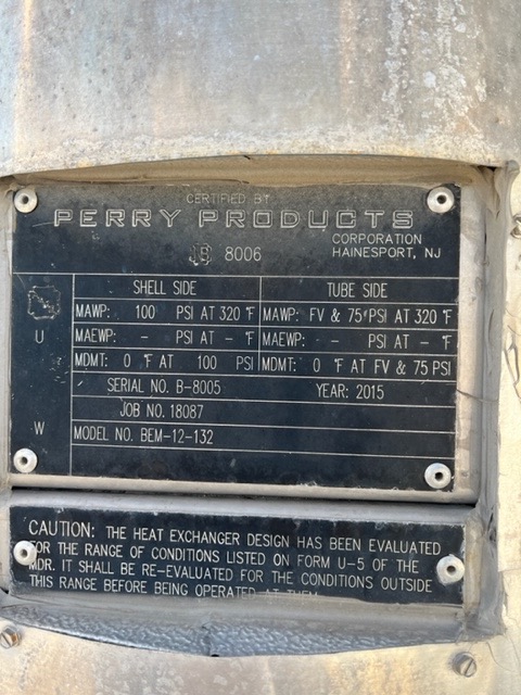225 sq.ft., 75 psi shell, 75, Perry Products, 320&deg;F, .75" tube diameter, 11' tube length, 2015 - Image 5