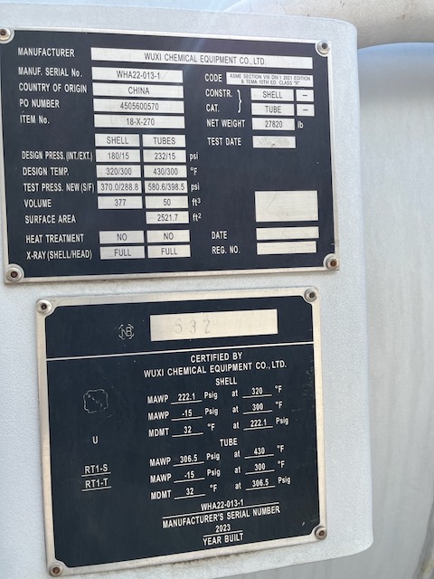 2521 sq.ft., 222, 306, Wuxi Chemical Equipment, 320°F shell, 430°F tube, 20' 2" tube length, 2023, unused - Image 8