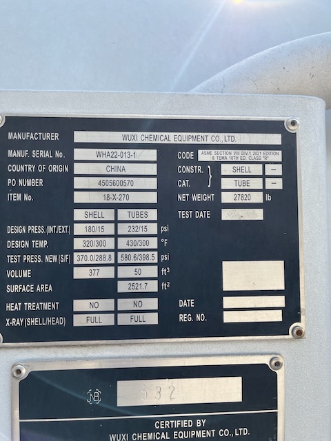 2521 sq.ft., 222, 306, Wuxi Chemical Equipment, 320°F shell, 430°F tube, 20' 2" tube length, 2023, unused - Image 9