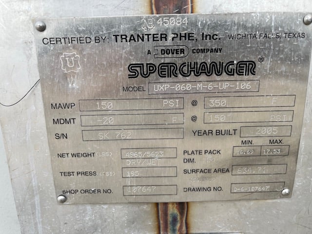 634 sq.ft., Tranter Superchanger #UXP-060-M-6-UP-106, plate heat exchanger, 150 psi, plates, 350°F, 2005 (2 - Image 5