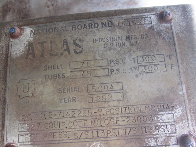 1780 sq.ft., 75 psi shell, 75 psi tube, Atlas Industrial, 300°F, .75" tube diameter, 12' tube length, 1982 - Image 8