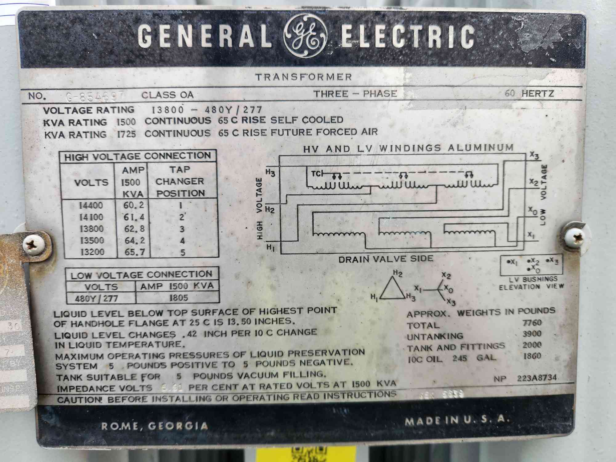 1500/1725 KVA 13800 Primary, 480Y/277 Secondary, General Electric, Substation Transformer, Liquid Filled, 3PH - Image 2