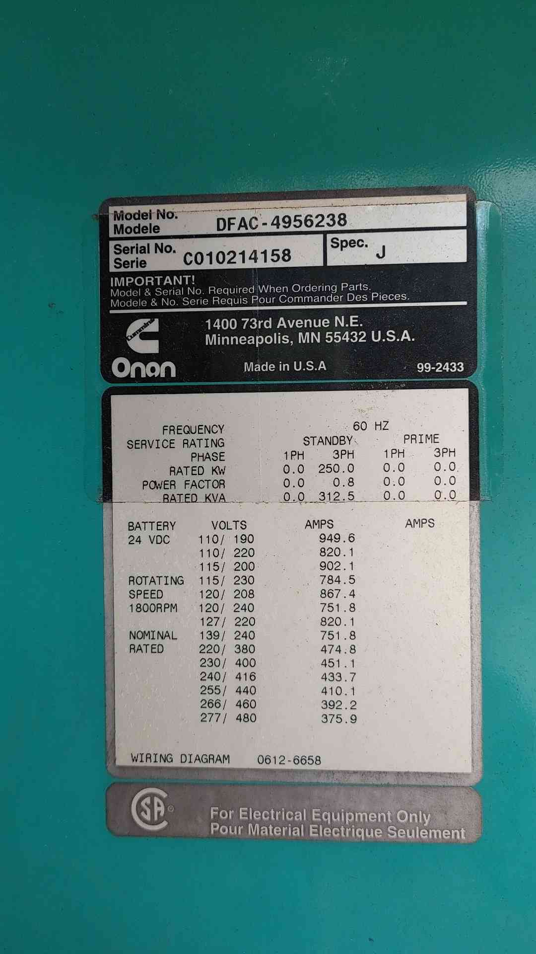 250 KW Cummins Onan #DFAC, diesel generator set, 277/480 Volts, 120/208 Volts, enclosed - Image 5