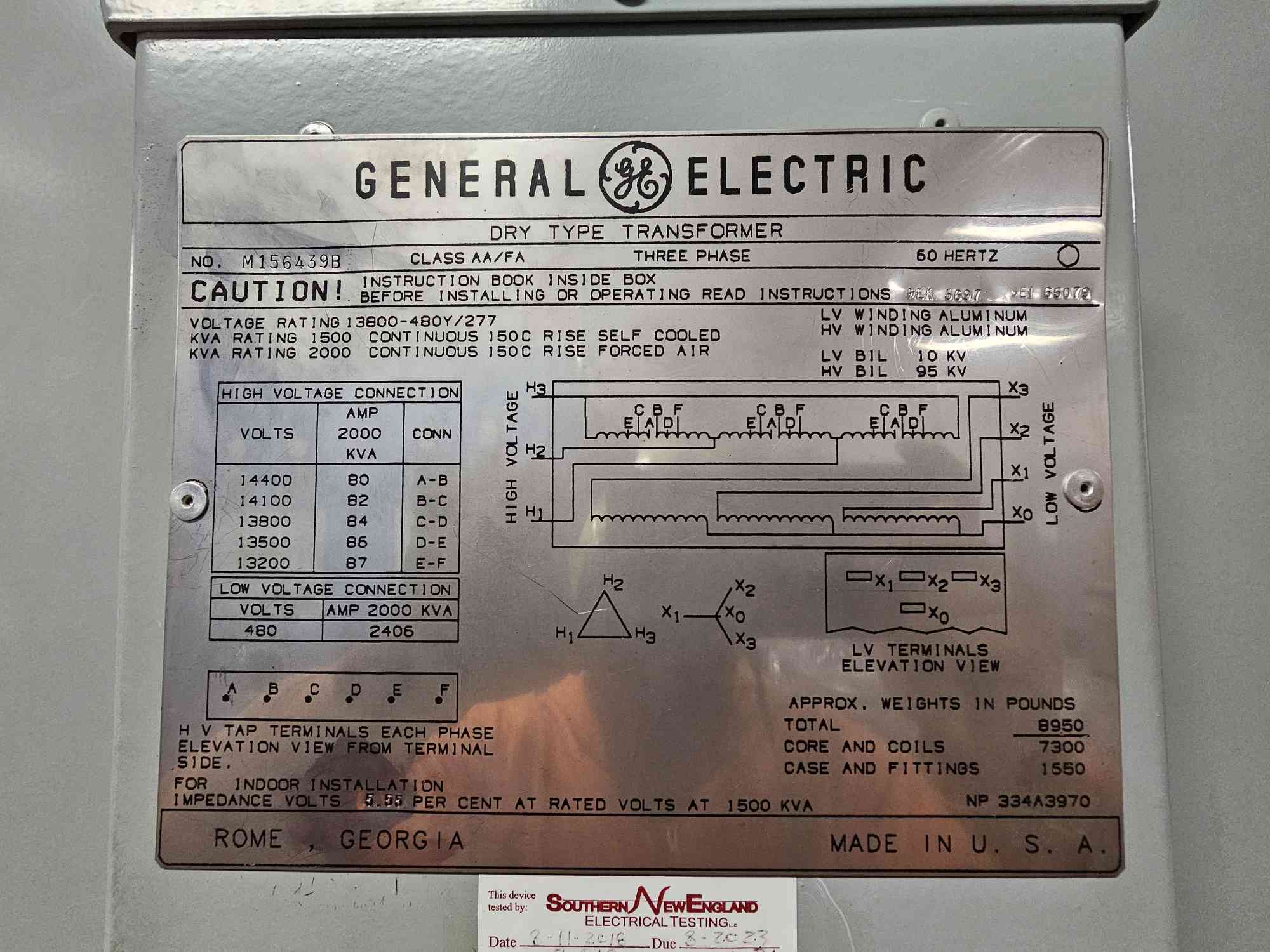 1500/2000 KVA 13800 Primary, 480Y/277 Secondary, General Electric #M156439A, Substation Dry Type Transformer - Image 4