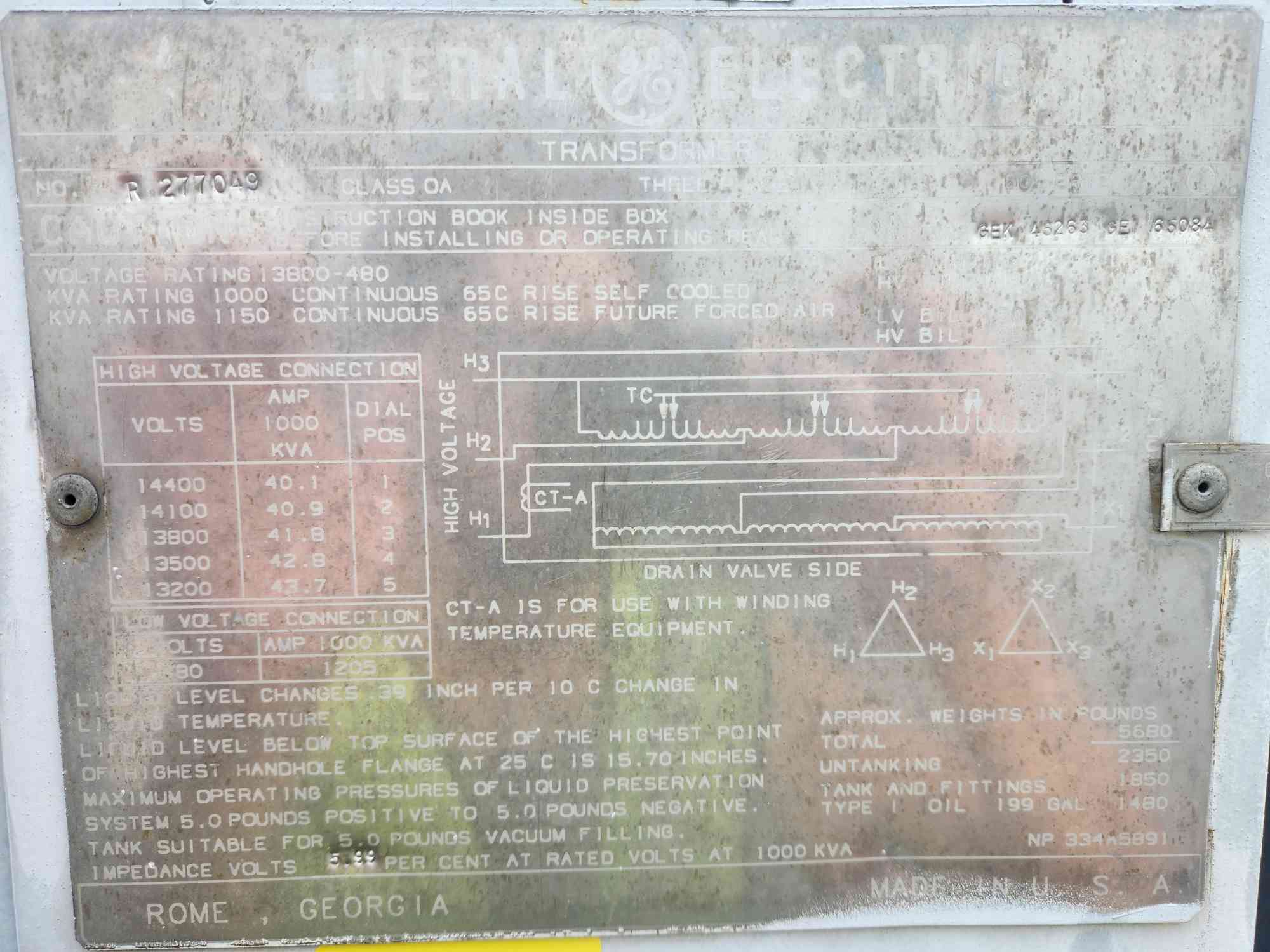 1000/1150 KVA 13800 Primary, 480 Secondary, General Electric, Substation Transformer, Liquid Filled, 3PH - Image 2