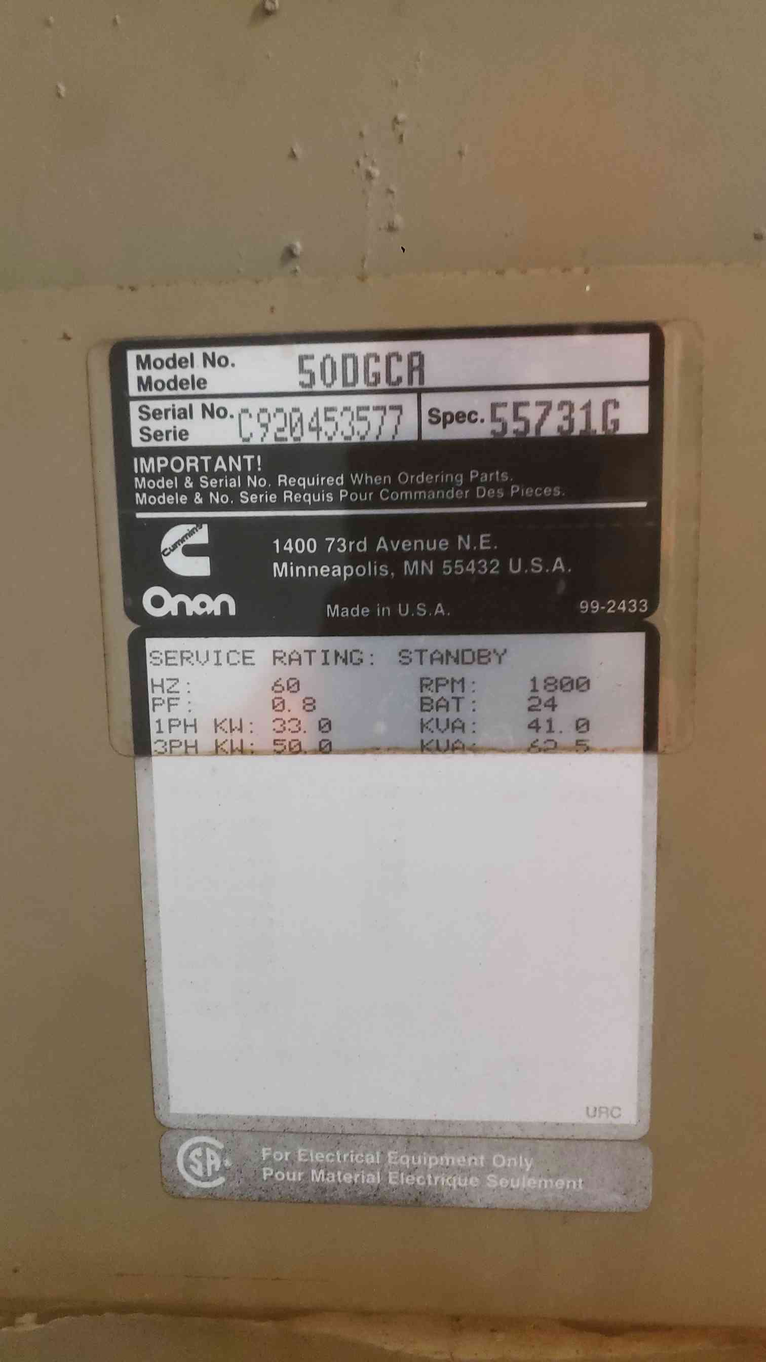 50 KW Cummins #50DGCA, diesel generator set, multi-phase, 1285.8 hours, AS IS - Image 3