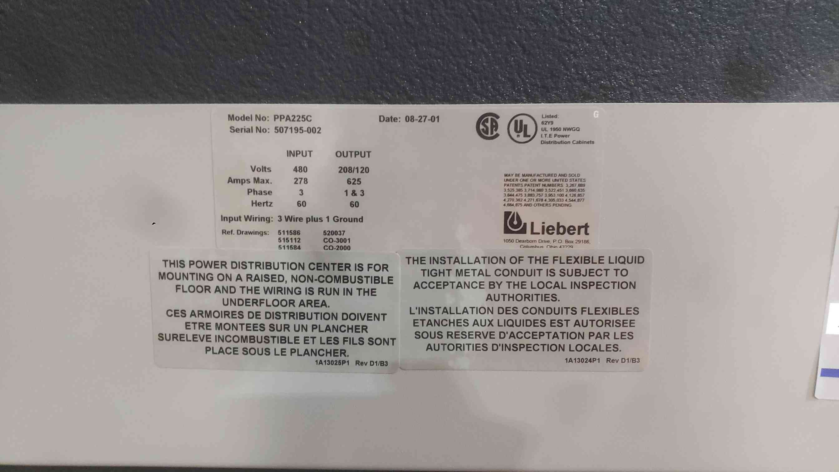 225 KVA Liebert #PPA225C, Power Distribution Unit Cabinet, GE Breakers - Image 2