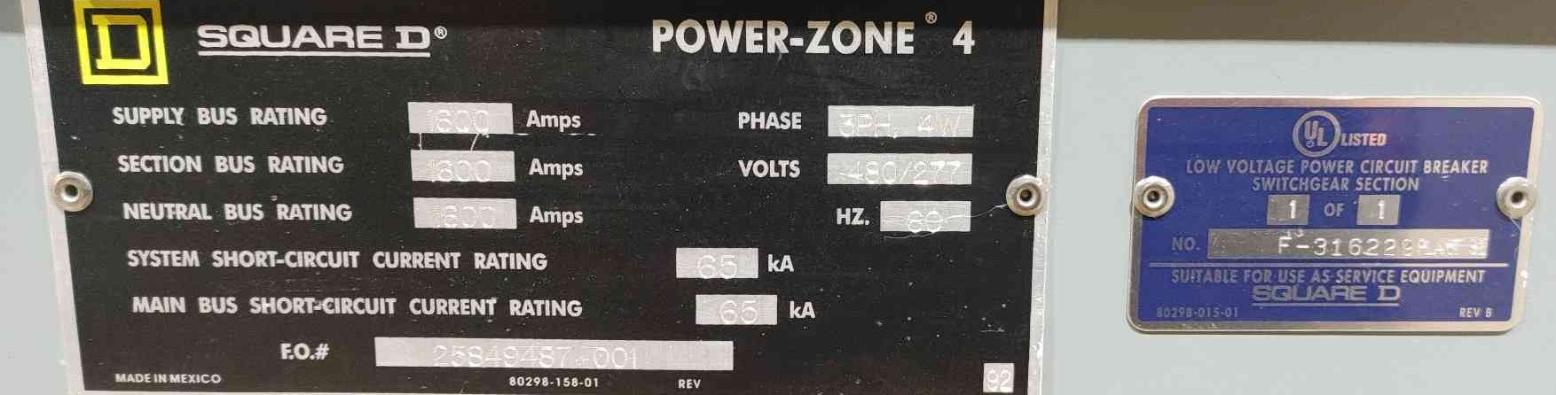 1600 Amps, Square D Power-Zone 4, Indoor Switchgear, 480/277 Volts, 3PH, 4-Wire, Vertical Section, Empty - Image 4