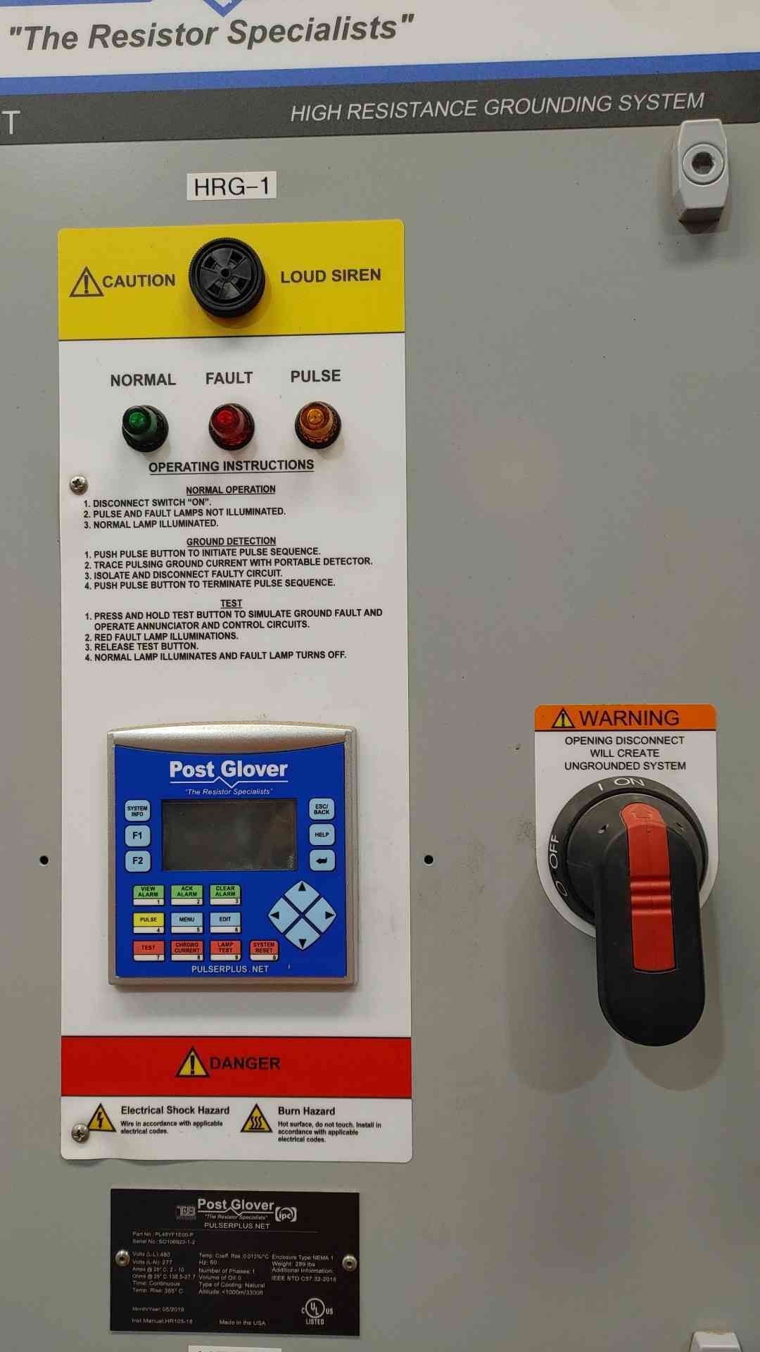 Post Glover #PL48YF1E00-P, High Resistance Grounding System, 480 V./277 Volts, 60 Hz, 1 phase, NEMA 1 - Image 3