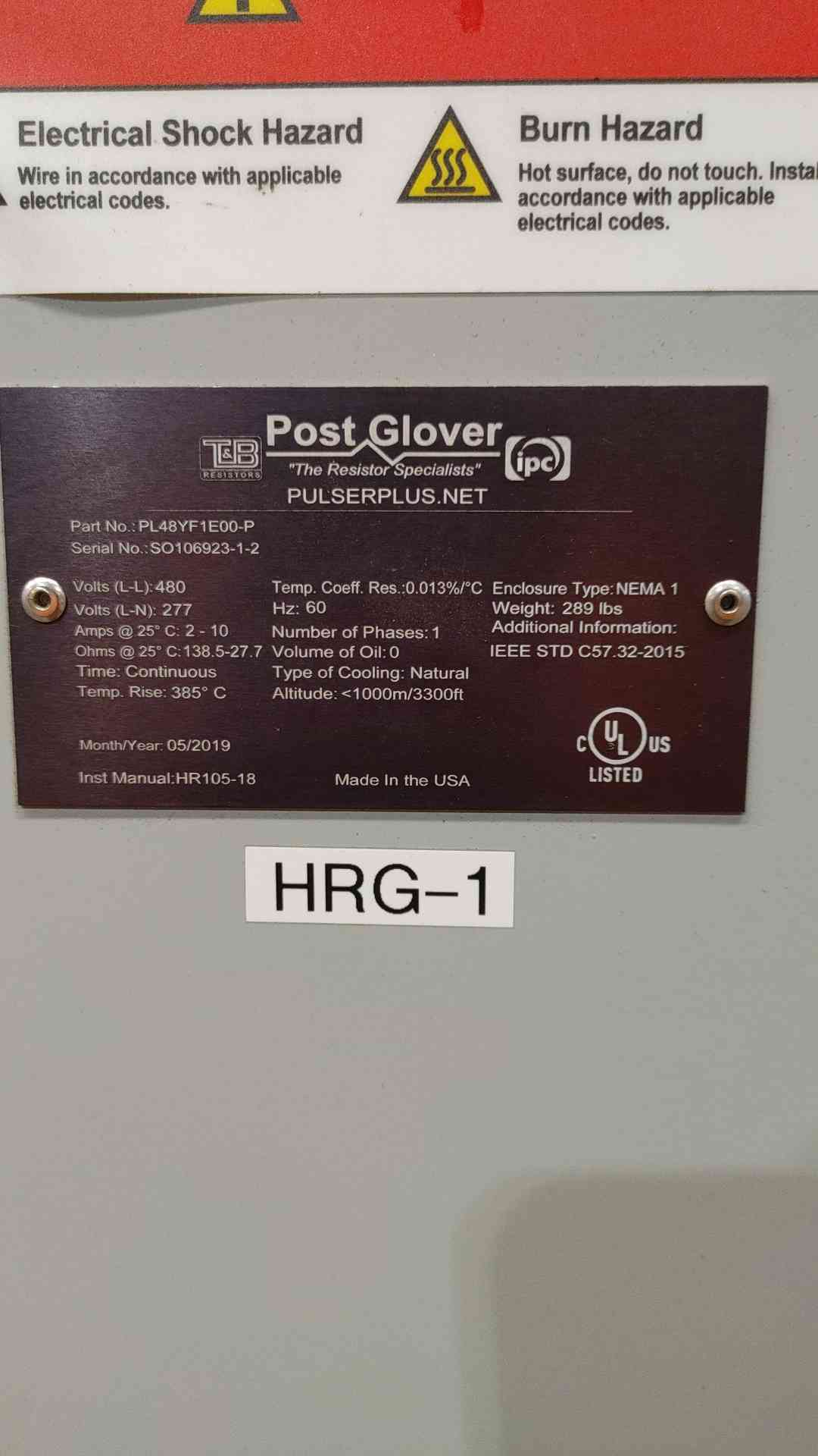 Post Glover #PL48YF1E00-P, High Resistance Grounding System, 480 V./277 Volts, 60 Hz, 1 phase, NEMA 1 - Image 4
