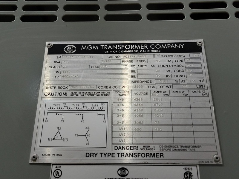 500 KVA 4,160 Primary, 600Y/346 Secondary, MGM #AC374-U0403, Dry Type Isolation Transformer, 3PH - Image 2