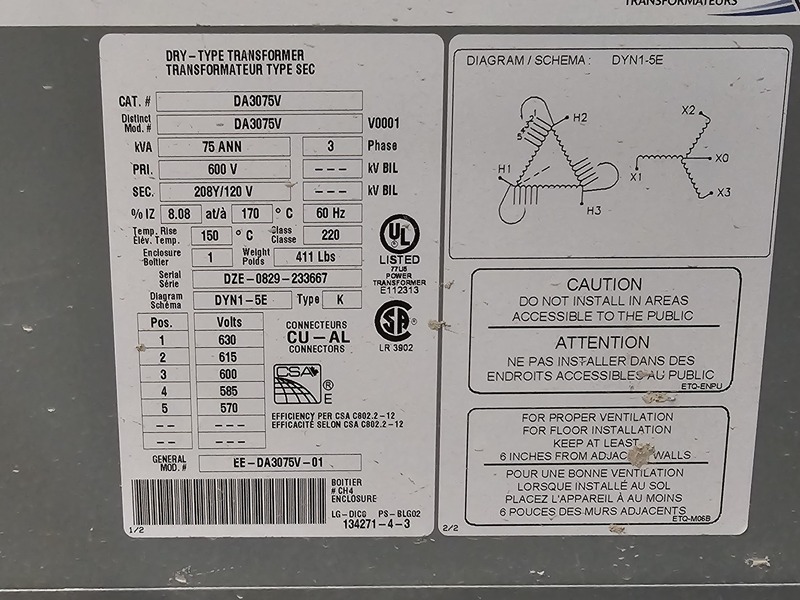 75 KVA 600 Primary, 208Y/120 Secondary, Delta Transformers #DA3075V, Dry Type Isolation Transformer, 3PH - Image 2
