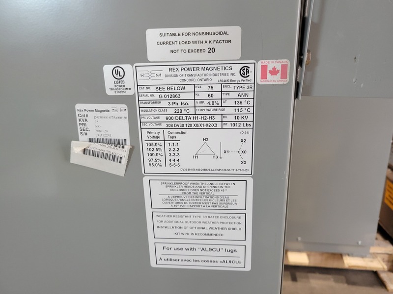 75 KVA 600 Primary, 208Y/120 Secondary, Rex Power Magnetics #DV30-60-075-600-20, Dry Type Isolation - Image 2