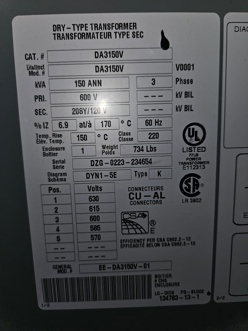 150 KVA 600 Primary, 208Y/120 Secondary, Delta #DA3150V, Dry Type Isolation Transformer on Cart, ground fault - Image 2